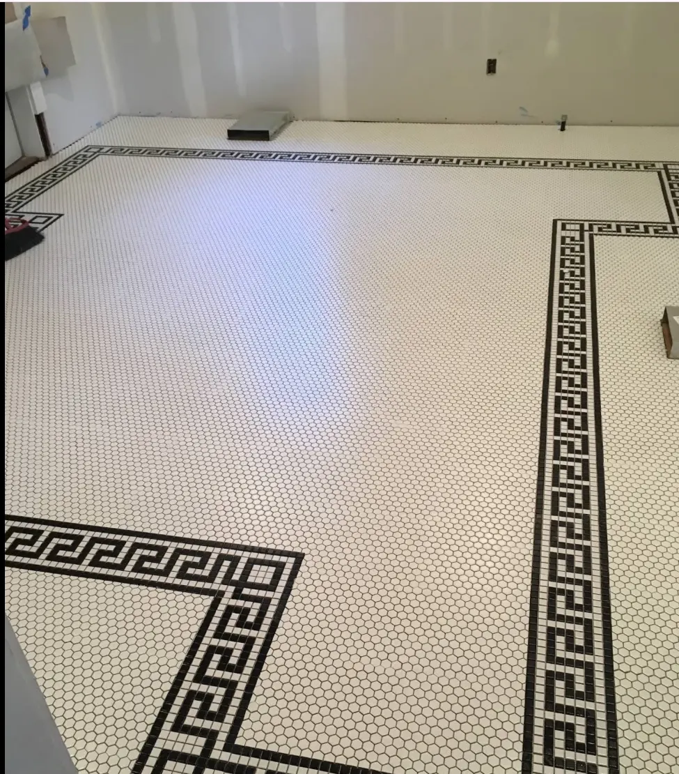 Hex mosaic floor with Greek key border